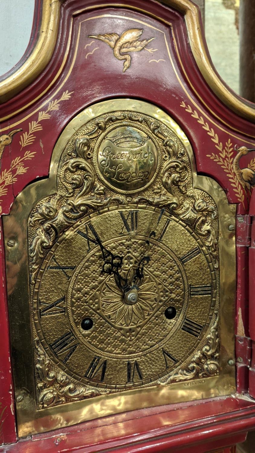 DWARF LONGCASE CLOCK, 27cm W x 138cm H x 18cm D scarlet lacquered, chinoiserie decorated bearing " - Image 3 of 5