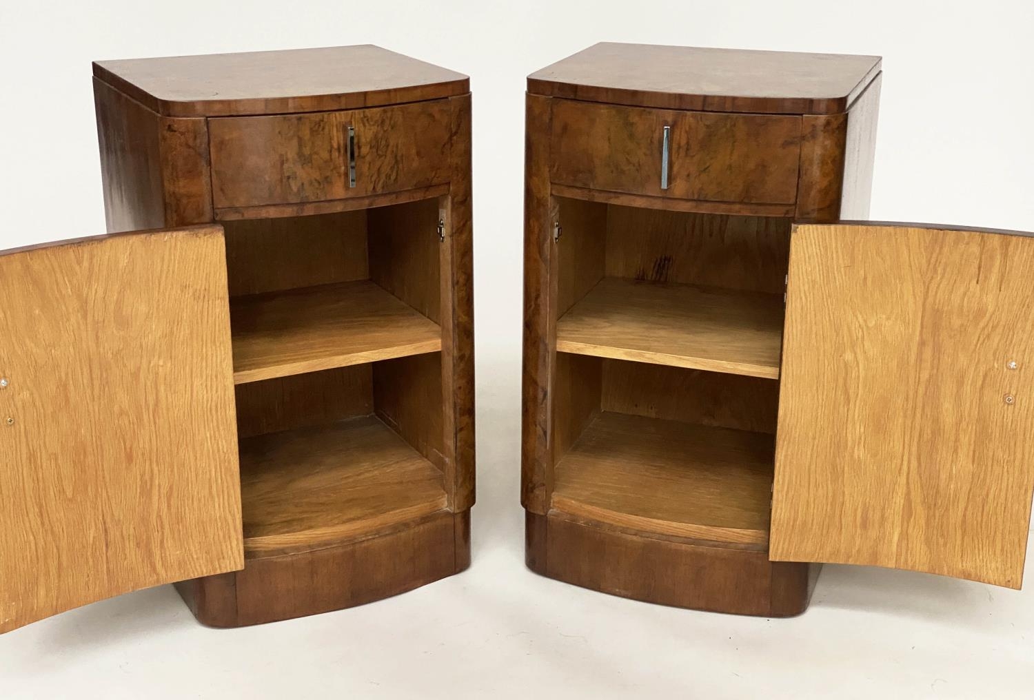 BEDSIDE CABINETS, a pair, Art Deco period burr walnut of bowed outline each with drawer and door, - Image 7 of 8