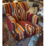 ARMCHAIR, 77cm H x 83cm W, kilim and red corduroy upholstered.
