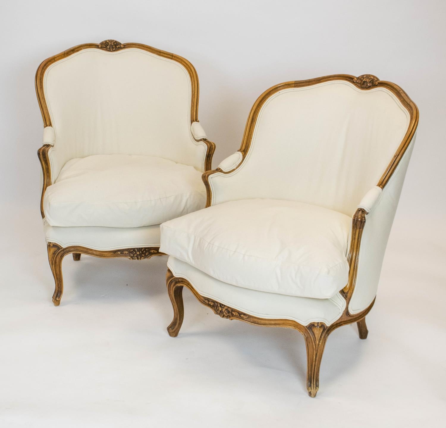 BERGERES, 83cm H x 63cm, a pair, Louis XV style in calico. (2)