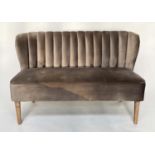 SOFA, grey velvet with bench seat and ribbed back, 124cm W.