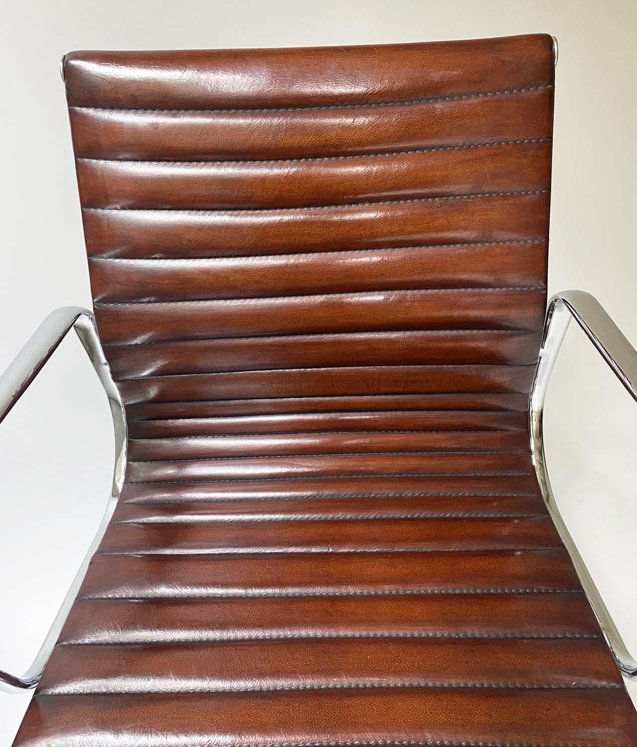 REVOLVING DESK CHAIR, Charles and Ray Eames inspired with ribbed tan leather seat revolving and - Image 6 of 6