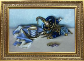 RASHIT HABIROV (b 1953) 'Still Life with Doll and Dominoes', oil on canvas 54cm x 81cm, signed