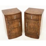 BEDSIDE CABINETS, a pair, Art Deco period burr walnut of bowed outline each with drawer and door,