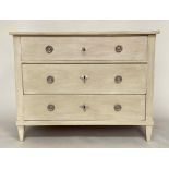 GUSTAVIAN COMMODE, 19th century Swedish traditionally grey painted with three long drawers and