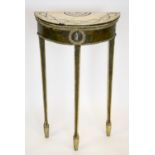 CONSOLE TABLE, Italian neoclassical demi lune green/white inlaid marble with metal mounted and