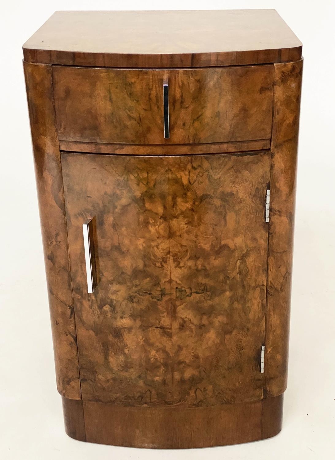 BEDSIDE CABINETS, a pair, Art Deco period burr walnut of bowed outline each with drawer and door, - Image 5 of 8