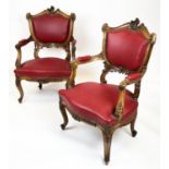 FAUTEUILS, 95cm H x 65cm, a pair, 19th century French walnut in red leatherette. (2)