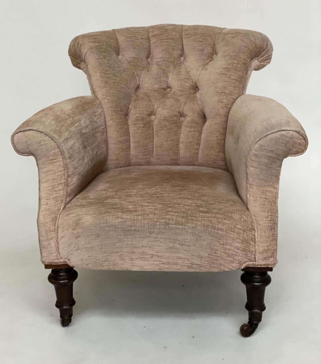 ARMCHAIR, Victorian mahogany with taupe grey buttoned chenille upholstery, scroll arms and turned - Image 4 of 5