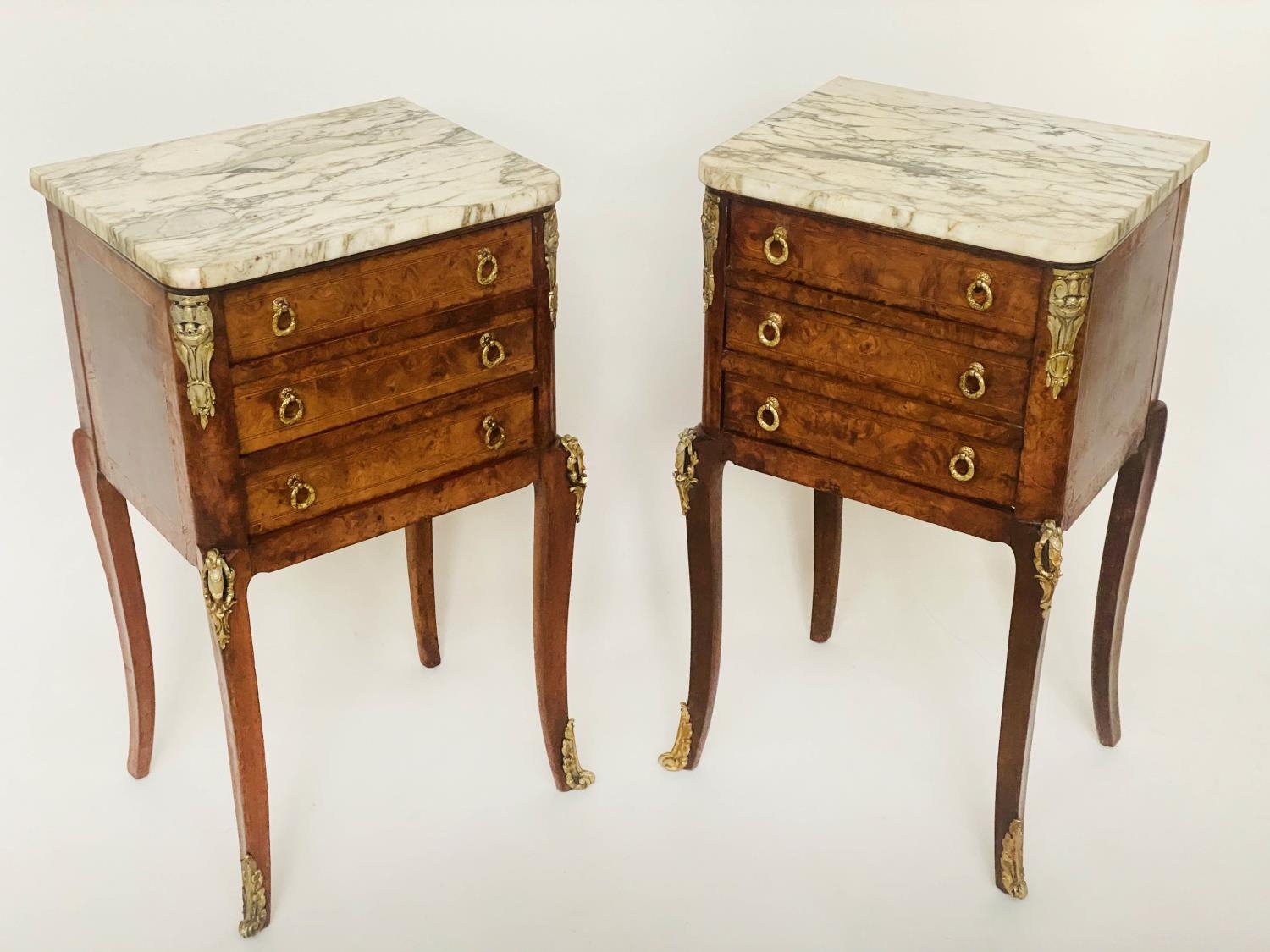 TABLES DE NUIT, a pair, early 20th century French Louis XVI style burr walnut, crossbanded and