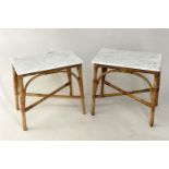 LAMP TABLES, a pair, rattan and cane bound each with Carrara marble top, 54cm x 33cm x 53cm H. (2)