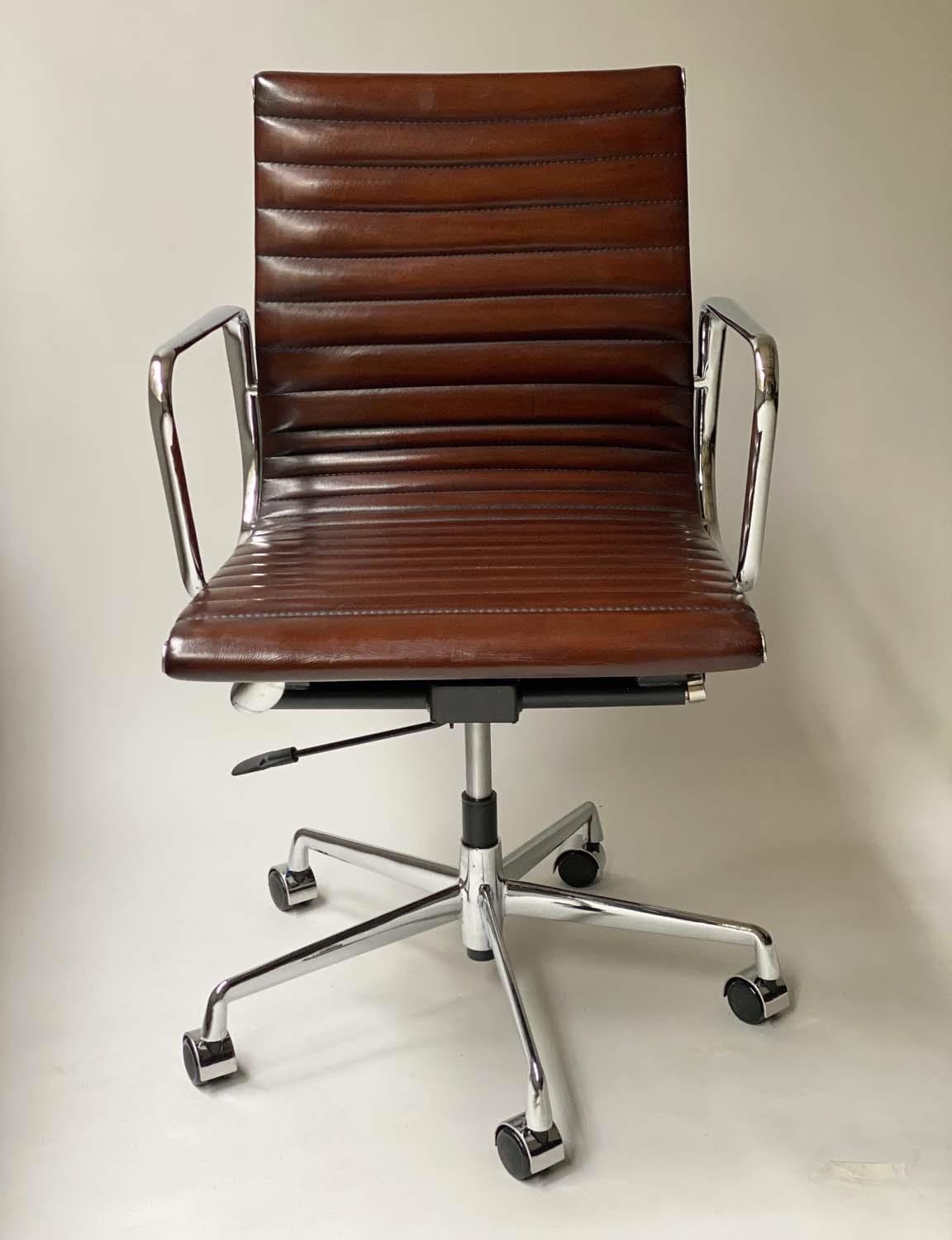 REVOLVING DESK CHAIR, Charles and Ray Eames inspired with ribbed tan leather seat revolving and - Image 2 of 6