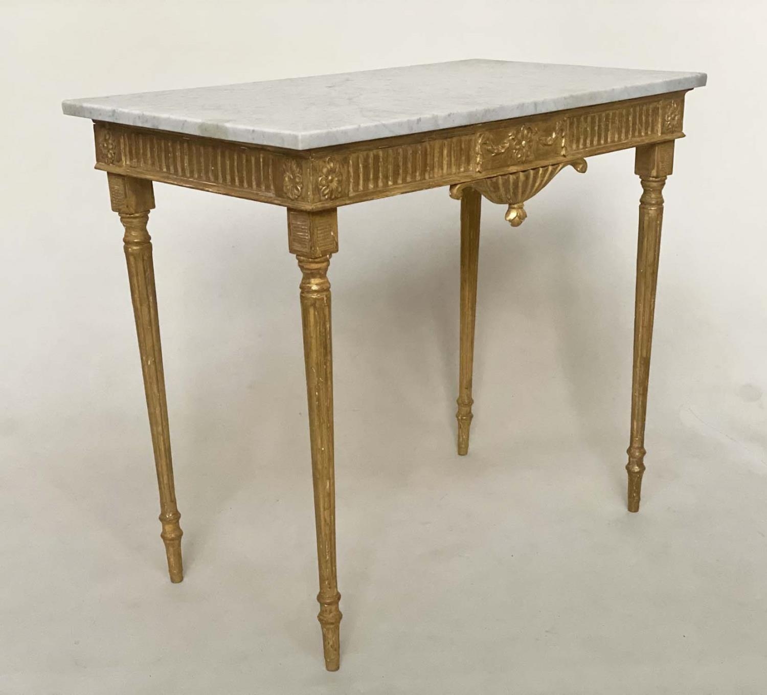 CONSOLE TABLE, 19th century Italian giltwood with Carrara marble top, fluted frieze, ribbon tablet - Image 2 of 6