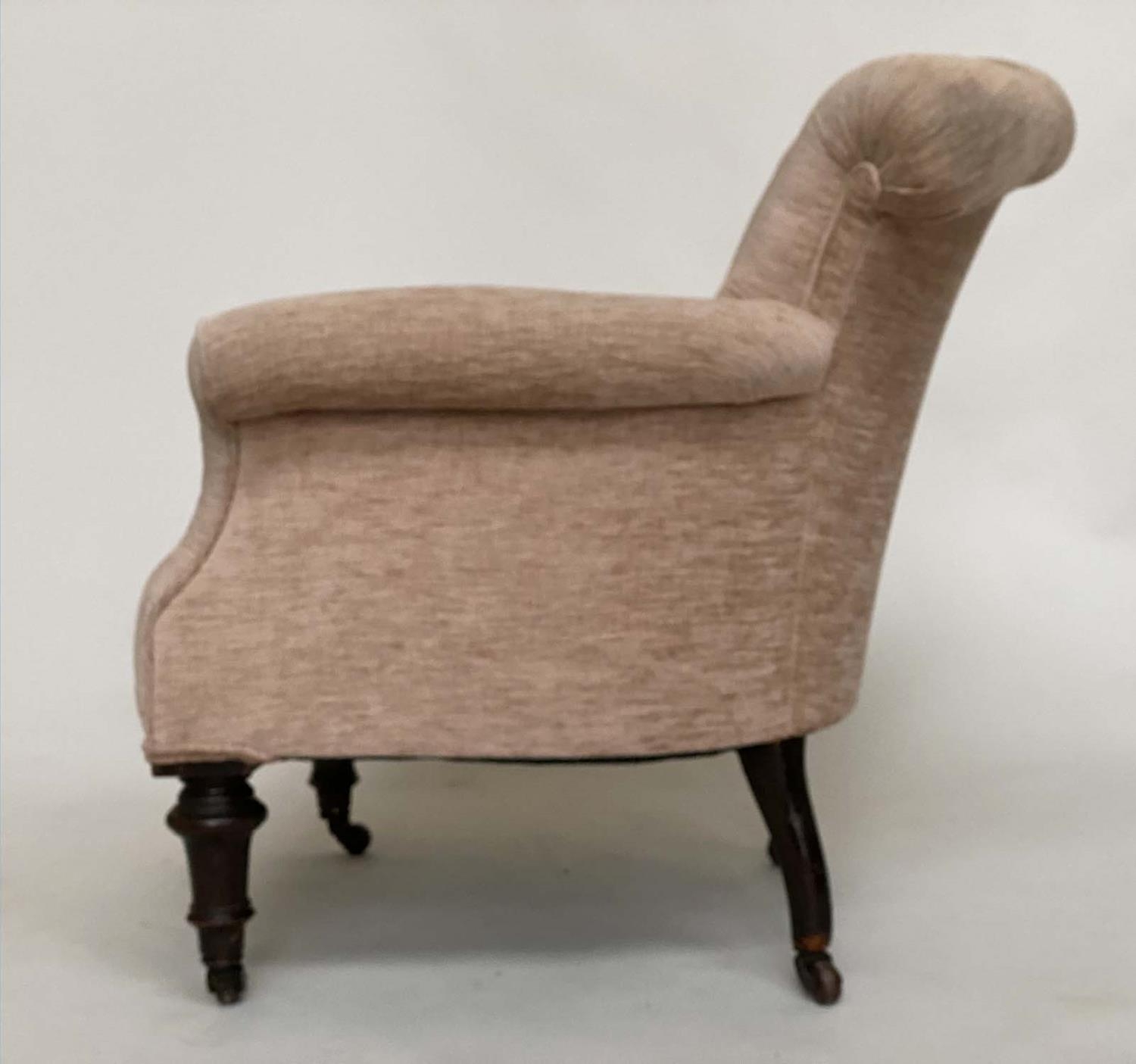 ARMCHAIR, Victorian mahogany with taupe grey buttoned chenille upholstery, scroll arms and turned - Image 3 of 5