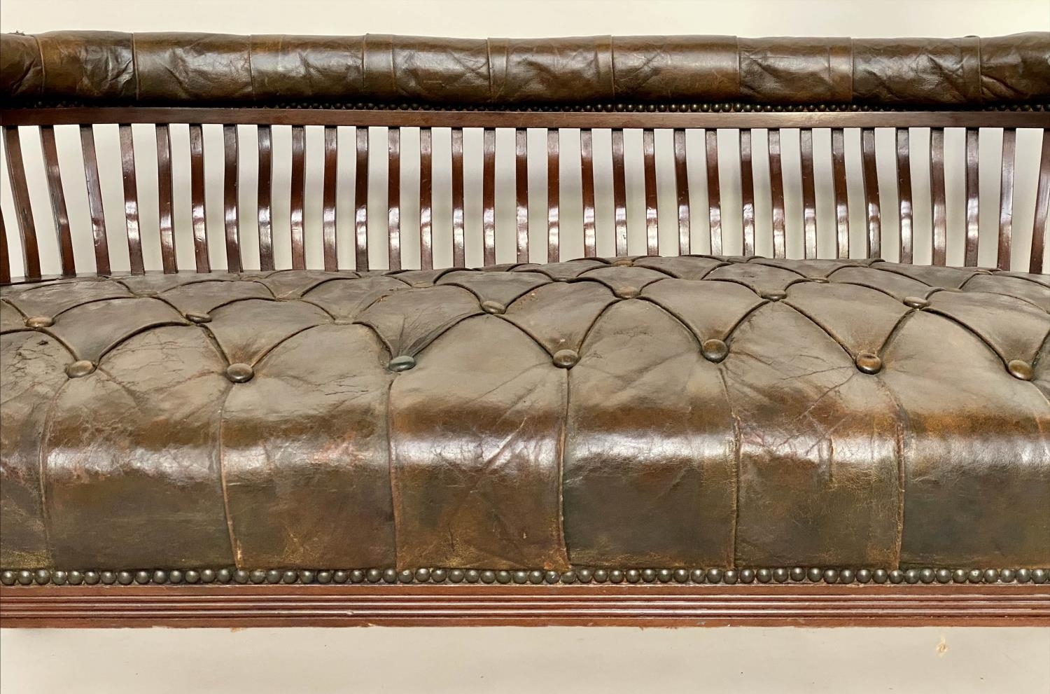 HALL BENCH, 19th century country house walnut with buttoned tan leather upholstered seat and arms, - Image 7 of 7