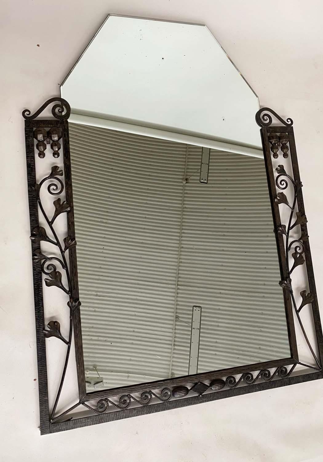 ART DECO WALL MIRROR, French bevelled tapering mirror within a wrought iron foliate and Vitruvian - Image 4 of 4