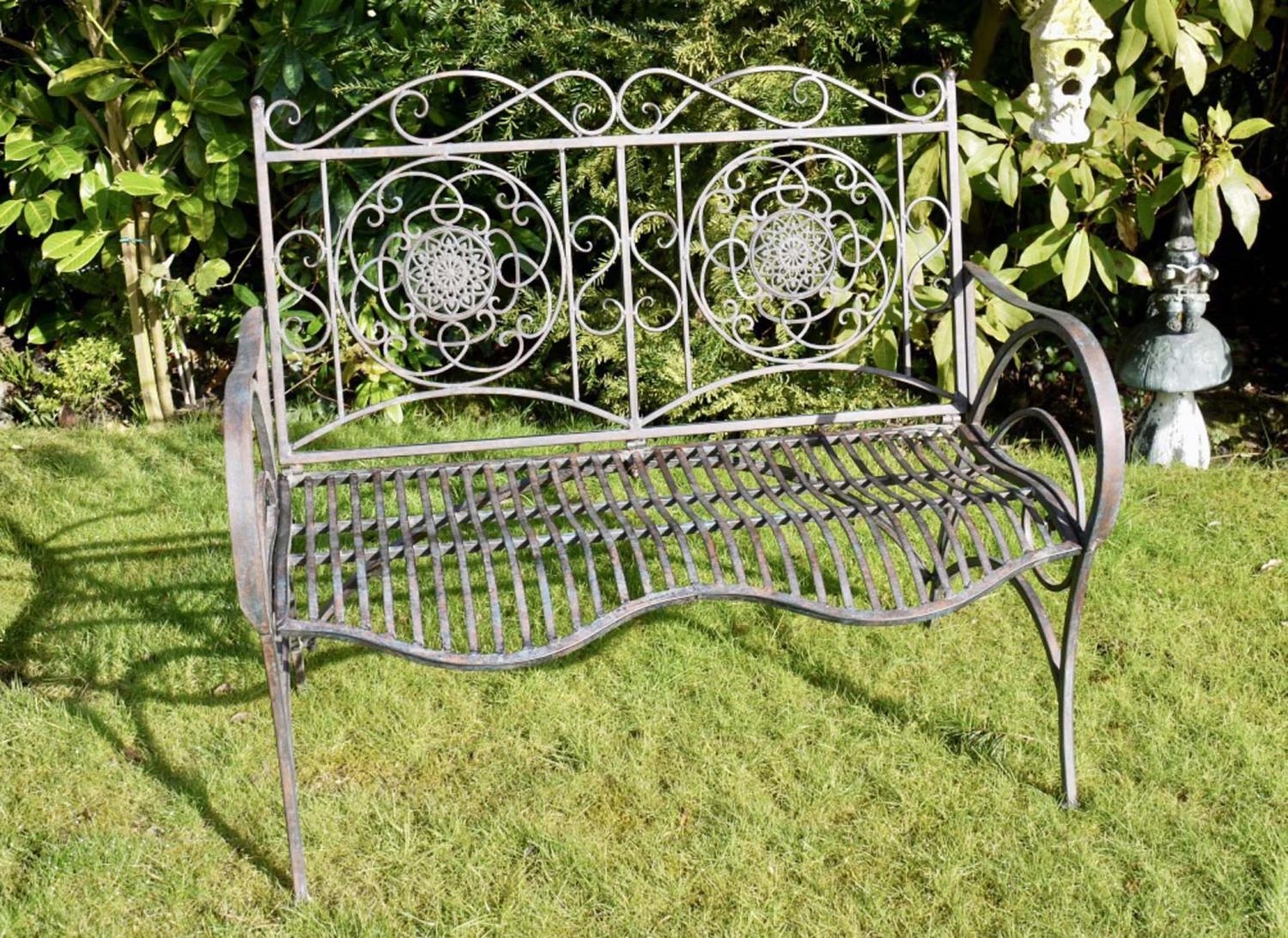 GARDEN BENCH, 98cm high, 110cm wide, 67cm deep, in the Italian style, metal distressed finish.