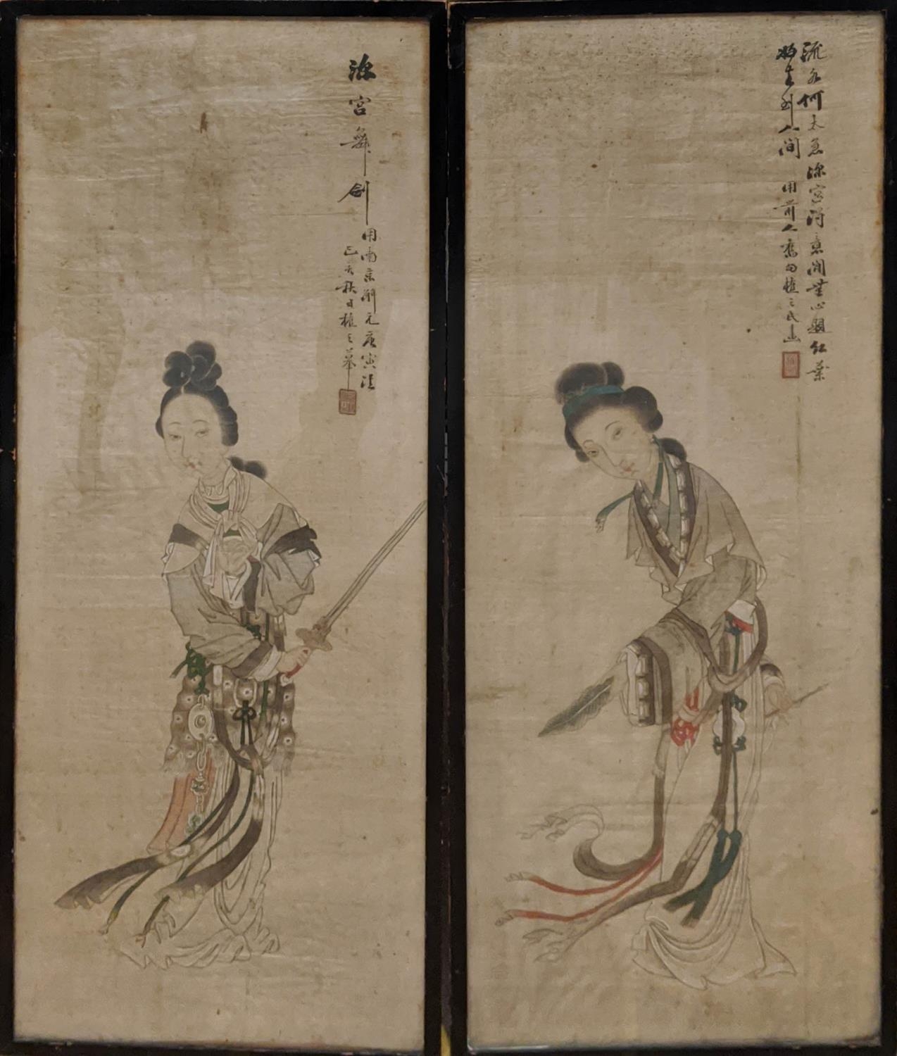 19TH CENTURY CHINESE SCHOOL, two figurative studies and two still lifes watercolour on silk, 81cm