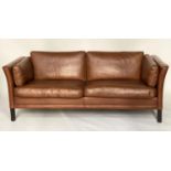 DANISH SOFA, 1970's mid brown grained tan leather with three seat cushions, 188cm W.