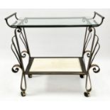 COCKTAIL TROLLEY, Spanish wrought iron and travertine with rectangular glass top, 80cm H x 85cm W