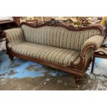 SOFA, 225cm L x 106cm H Victorian mahogany framed with scrolled sides and patterned and striped