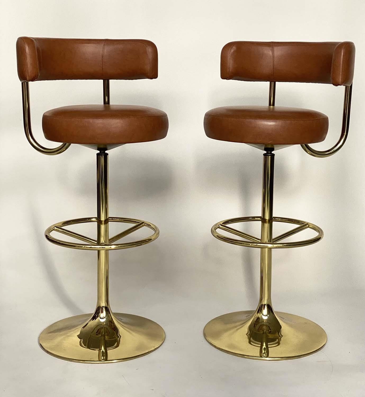 JOHANSON DESIGN SWEDISH BAR STOOLS, a pair, with leather back and seat and gilt brass support, 107cm - Image 5 of 6