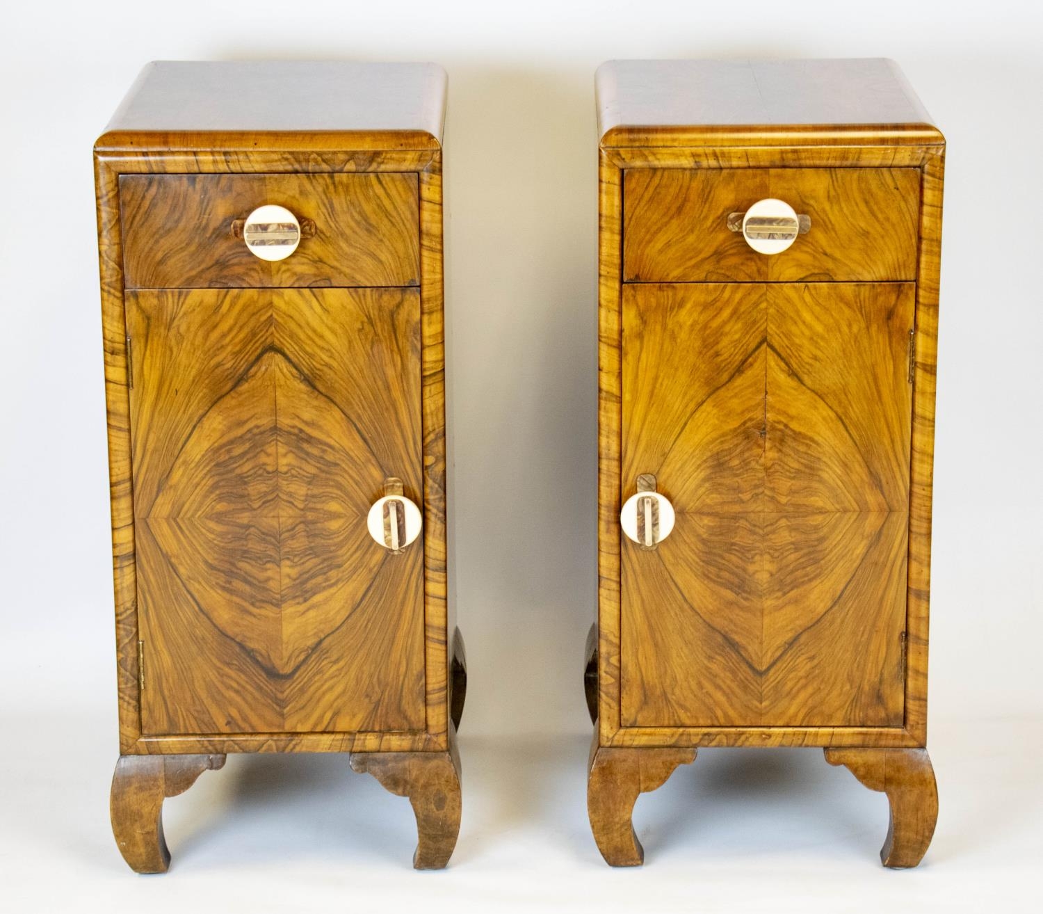 BEDSIDE CABINETS, 80cm H x 37cm W x 43cm D, a pair, Art Deco walnut, each with drawer and door
