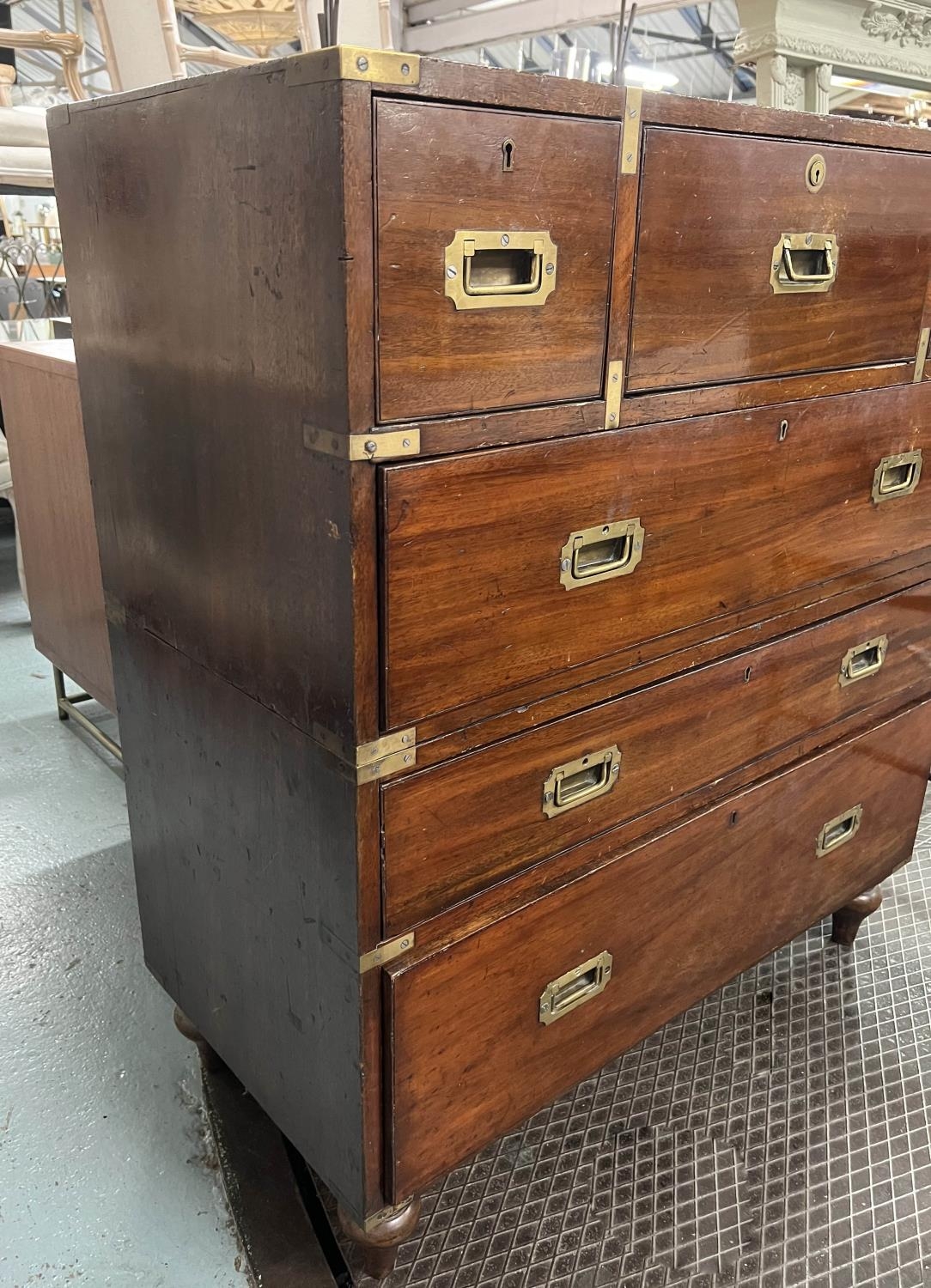 CAMPAIGN CHEST, 99cm W X 110cm H x 48cm D 19th century mahogany and brass bound in two parts with - Image 4 of 4