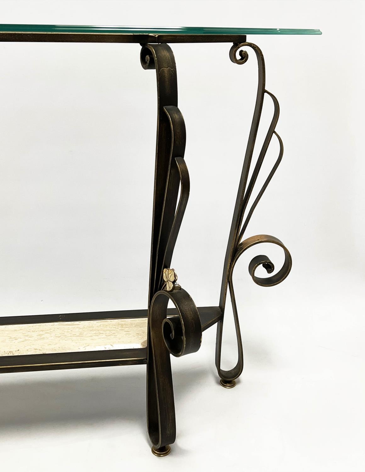 CONSOLE TABLE, Spanish wrought iron and travertine with a glass top, to match the previous lot, 82cm - Image 5 of 5