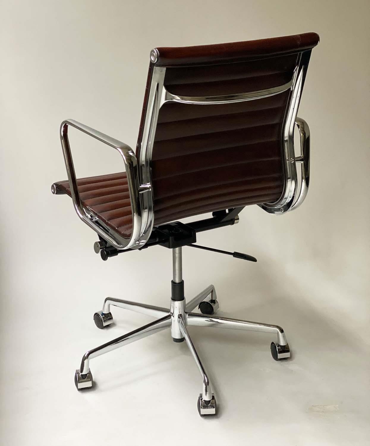 REVOLVING DESK CHAIR, Charles and Ray Eames inspired ribbed tan leather seat revolving and reclining - Image 7 of 7
