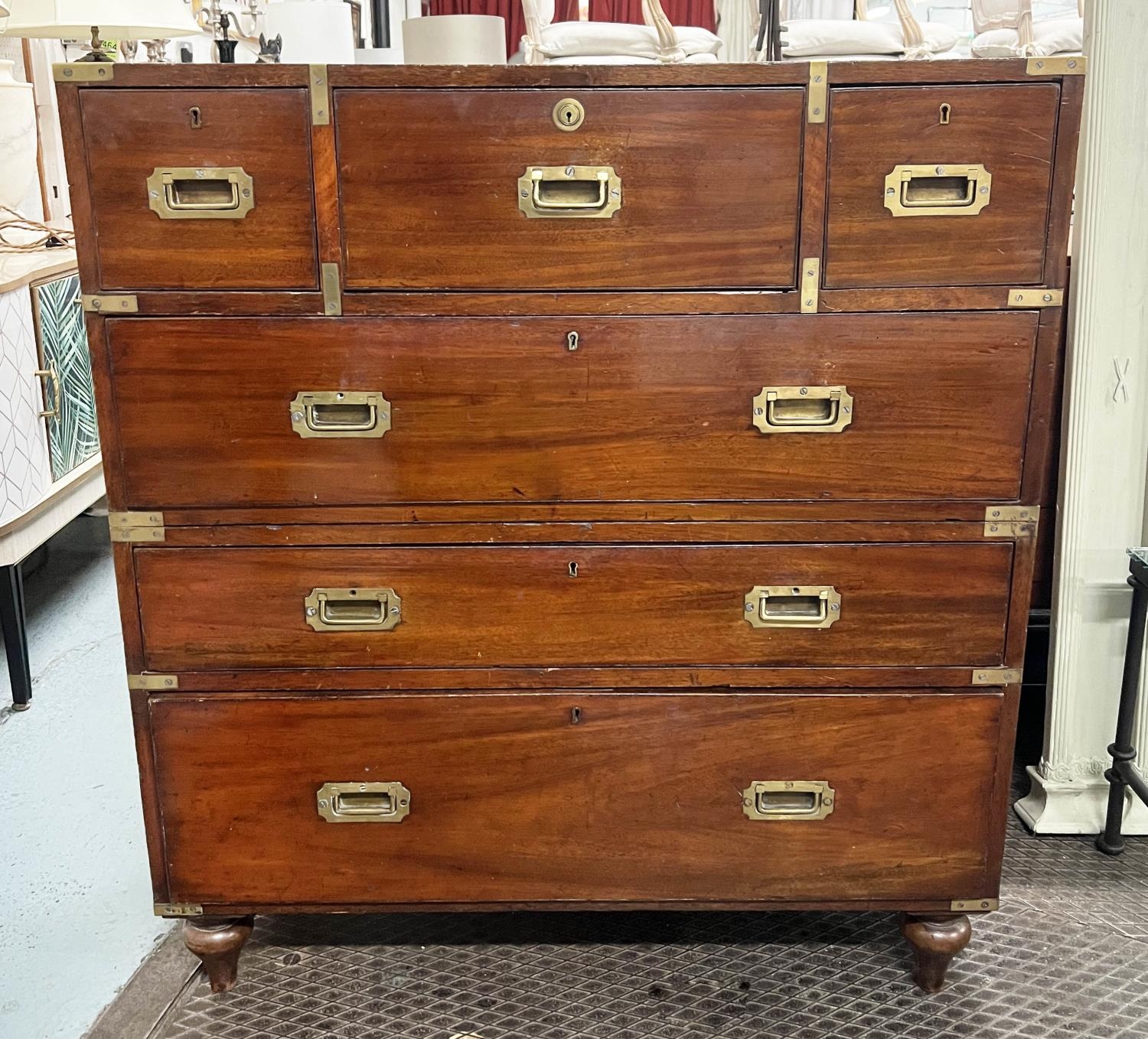 CAMPAIGN CHEST, 99cm W X 110cm H x 48cm D 19th century mahogany and brass bound in two parts with