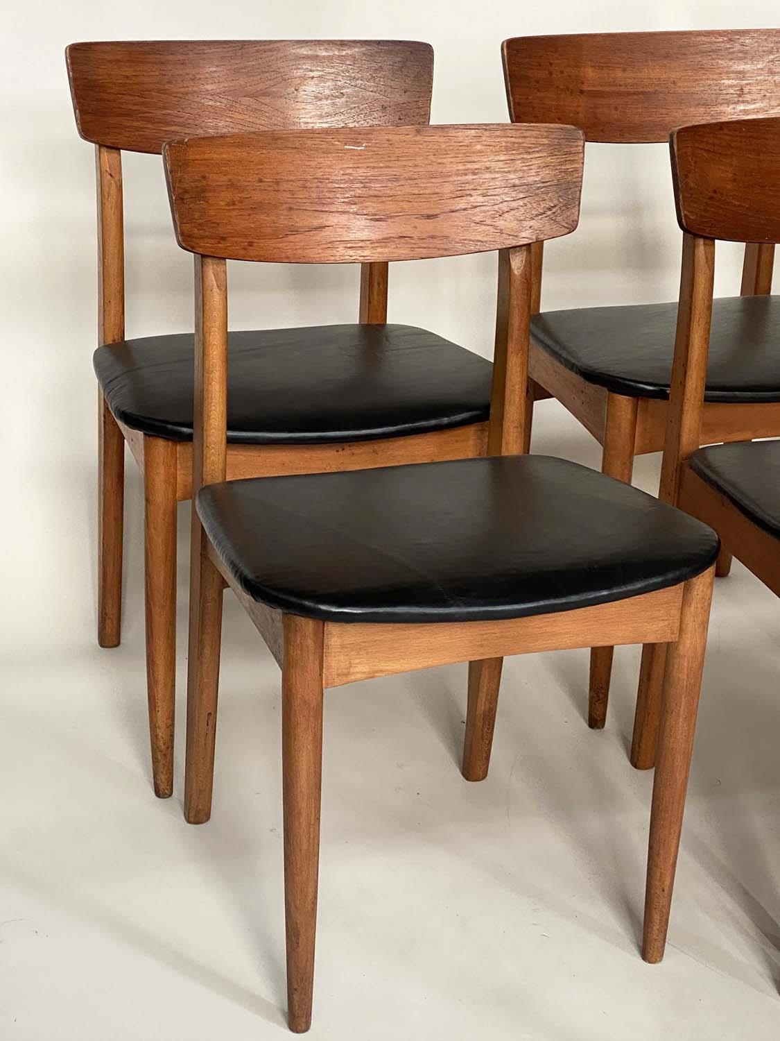 DINING CHAIRS, a set of seven, 1970's teak Danish style with black leather seats and carved backs - Image 2 of 5