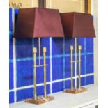 TABLE LAMPS, 82cm H x 41cm, overall, a pair, brass and marble, with maroon shades. (2)