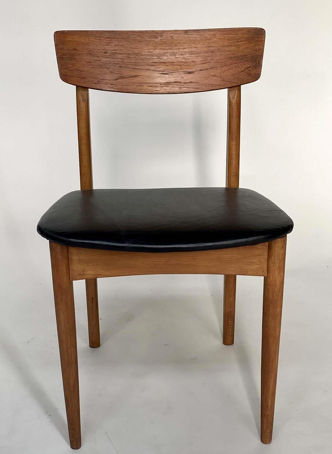 DINING CHAIRS, a set of seven, 1970's teak Danish style with black leather seats and carved backs - Image 4 of 5