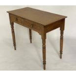 WRITING TABLE, 19th century faux birds eye maple painted with two frieze drawers and ebonised