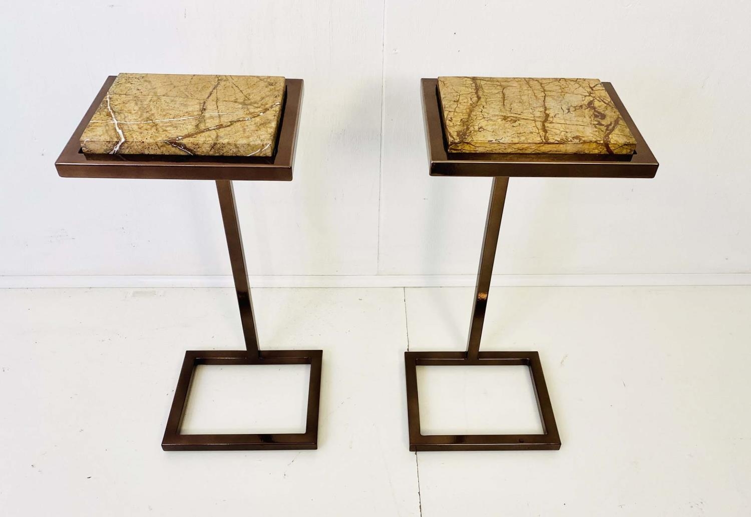 MARTINI TABLES, pair, 60cm H x 25cm W x 20cm D, bronzed base, veined marble inserted tops. (2)