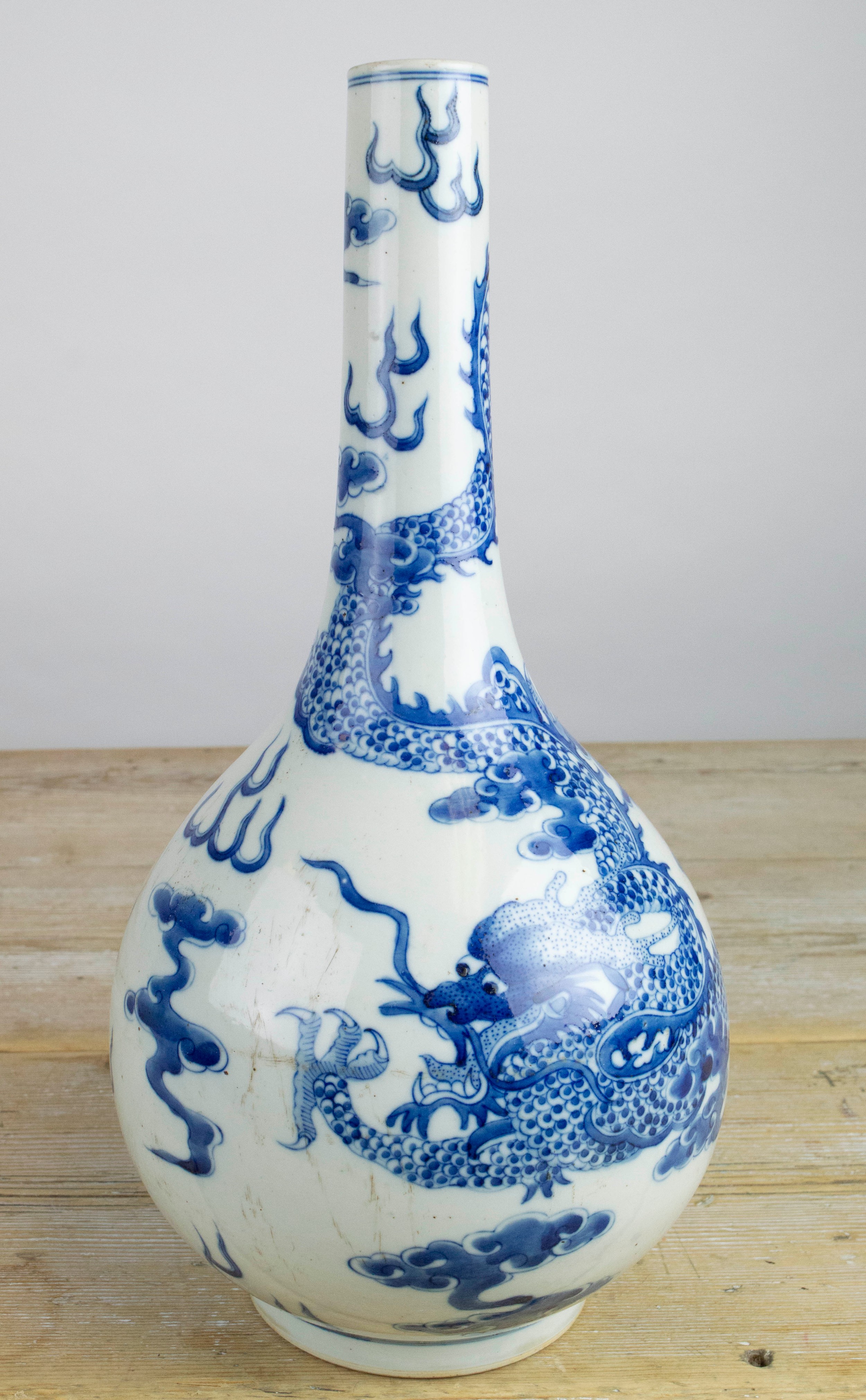 CHINESE 'DRAGON', blue and white bottle vase, the dragon chasing the flaming pearl of wisdom, 30cm - Image 2 of 7