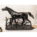FIGURE OF A MARE, bronzed finish, surround by a fence, plinth base, no. 1973 to base, 28cm H x