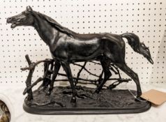 FIGURE OF A MARE, bronzed finish, surround by a fence, plinth base, no. 1973 to base, 28cm H x