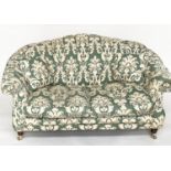 SOFA, 160cm W, 19th century style moss green/cream upholstered with button back and scroll arms.