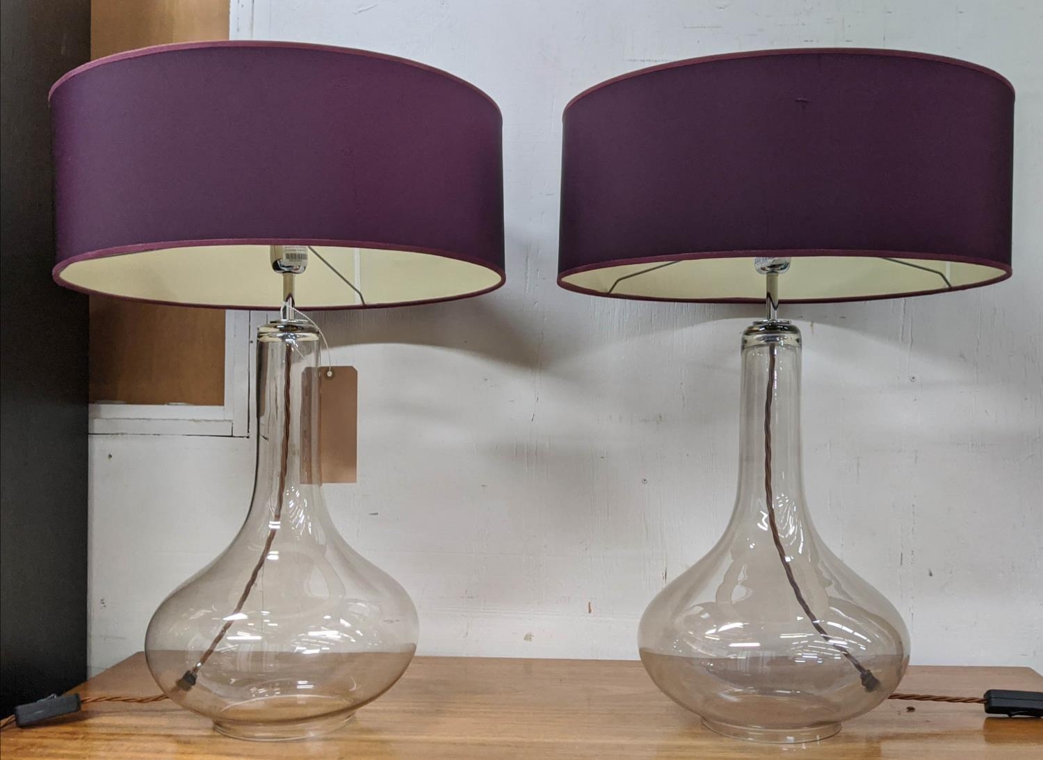 GLASS TABLE LAMPS, a pair, purple shades, baluster shaped bases, 66cm H x 46cm D. (2)