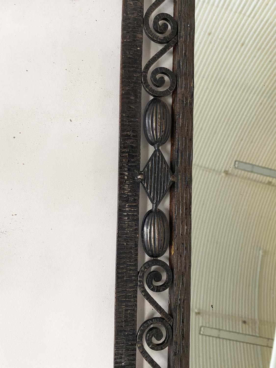 ART DECO WALL MIRROR, French bevelled tapering mirror within a wrought iron foliate and Vitruvian - Image 3 of 4