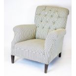 ARMCHAIR, 90cm H x 86cm W, Edwardian mahogany in new ticking upholstery.