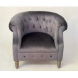 TUB ARMCHAIR, Edwardian style grey velvet with rounded deep button upholstered arms and turned