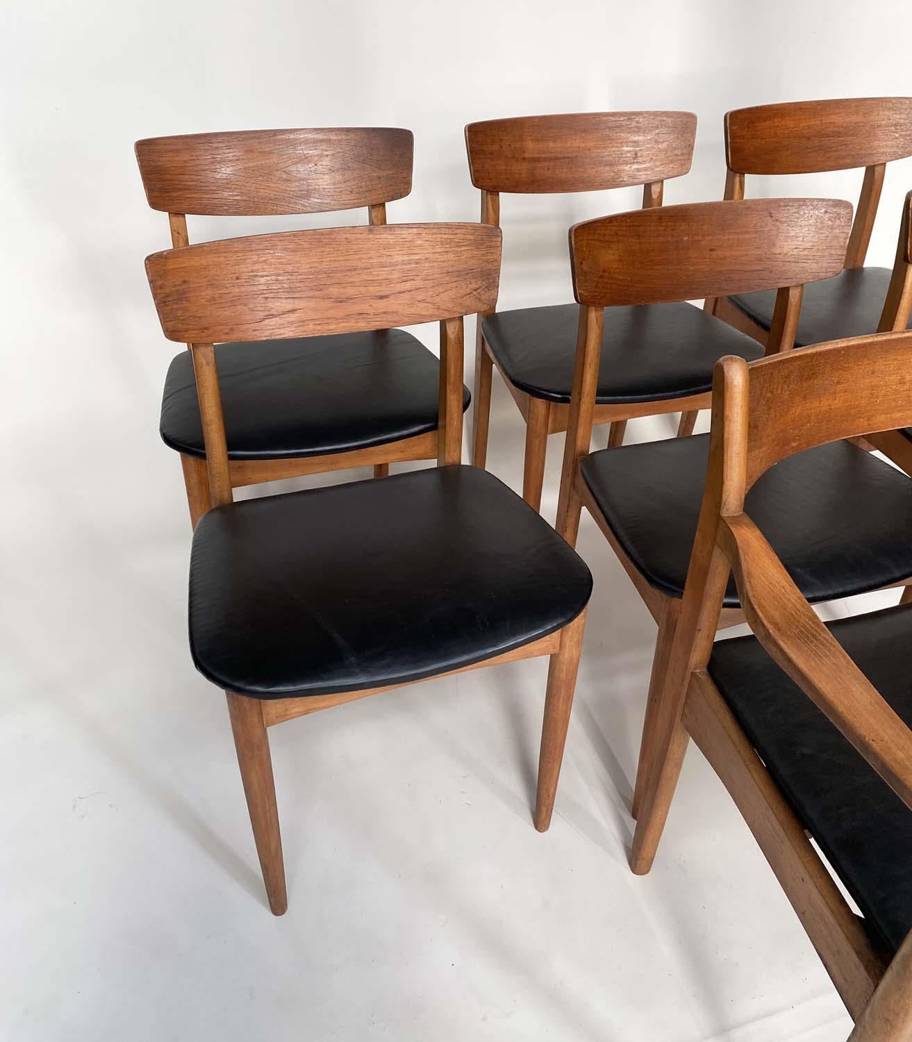 DINING CHAIRS, a set of seven, 1970's teak Danish style with black leather seats and carved backs - Image 3 of 5