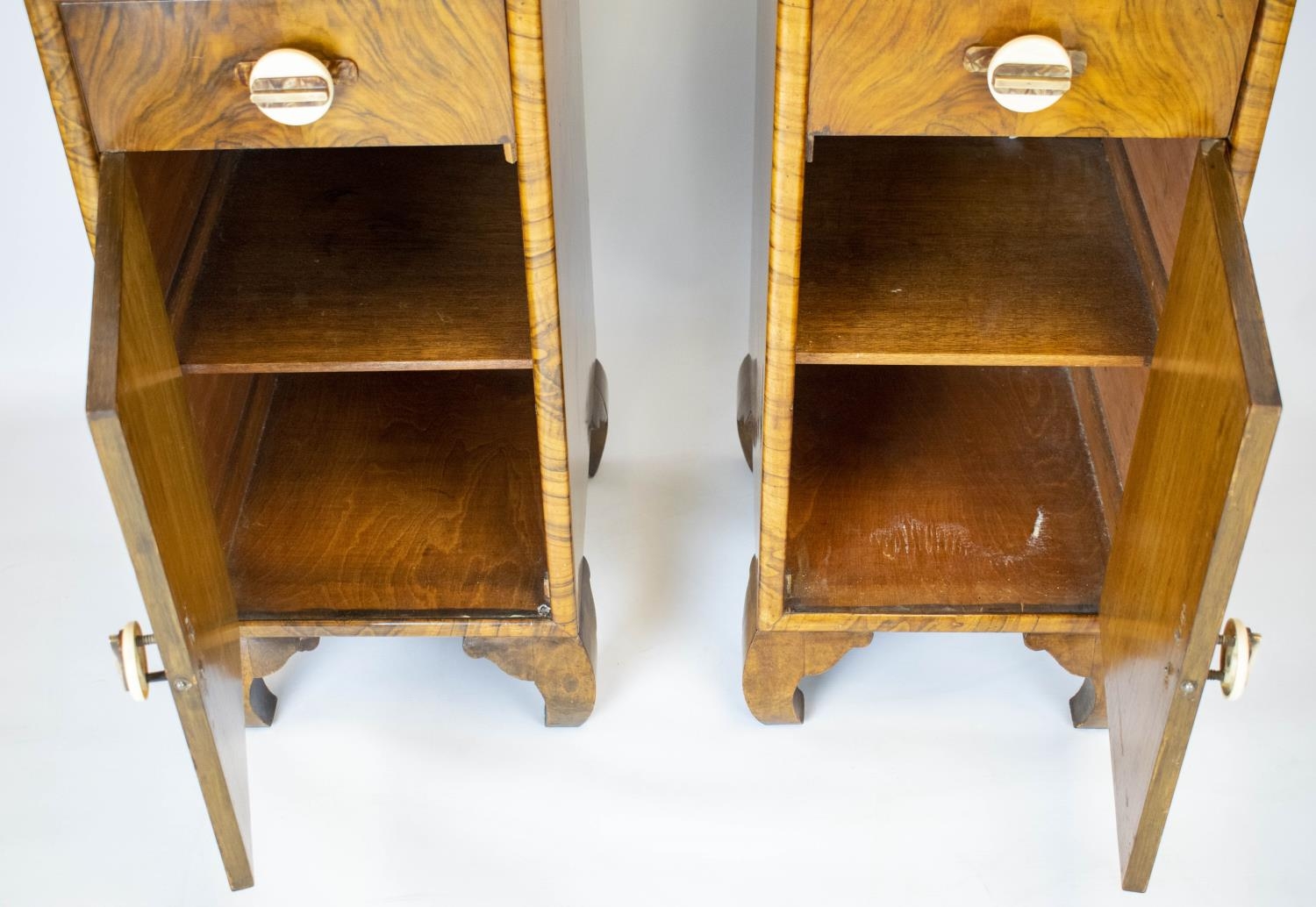 BEDSIDE CABINETS, 80cm H x 37cm W x 43cm D, a pair, Art Deco walnut, each with drawer and door - Image 5 of 6