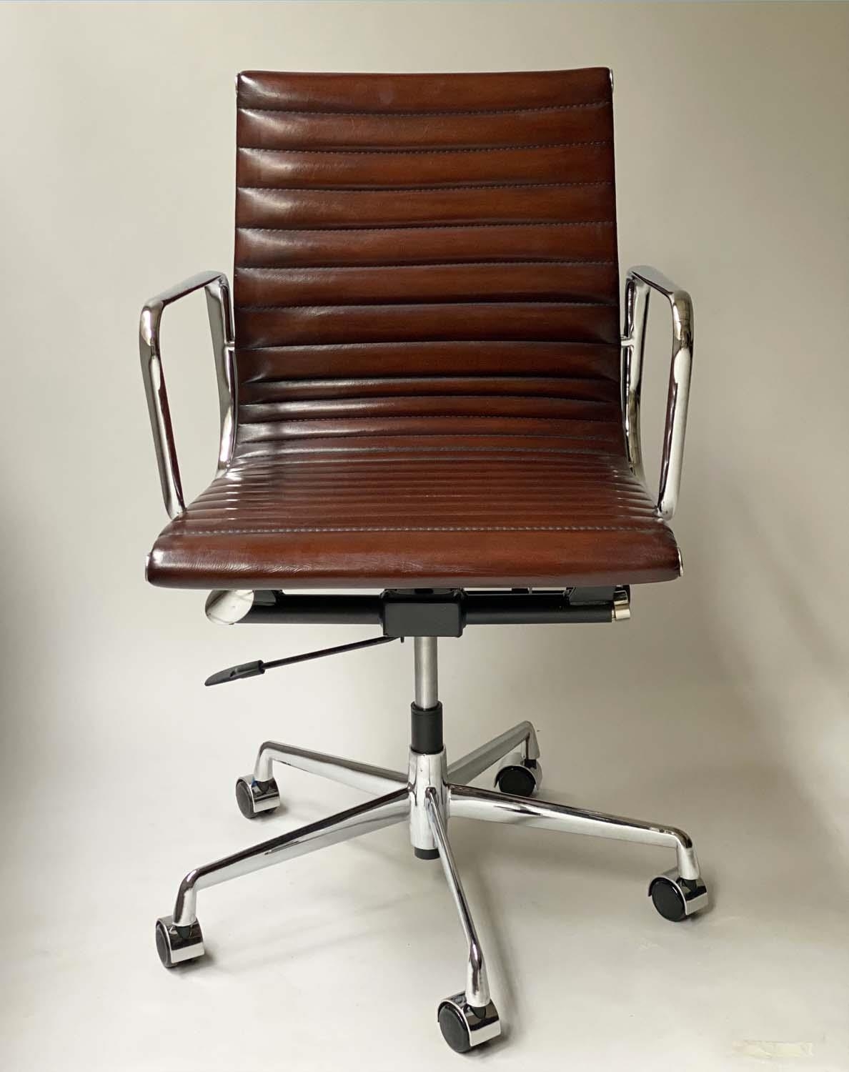 REVOLVING DESK CHAIR, Charles and Ray Eames inspired ribbed tan leather seat revolving and reclining