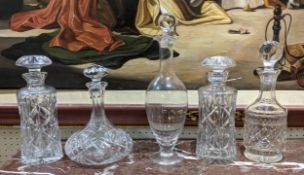 DECANTERS, five, cut glass including a pair with faceting etching. (5)
