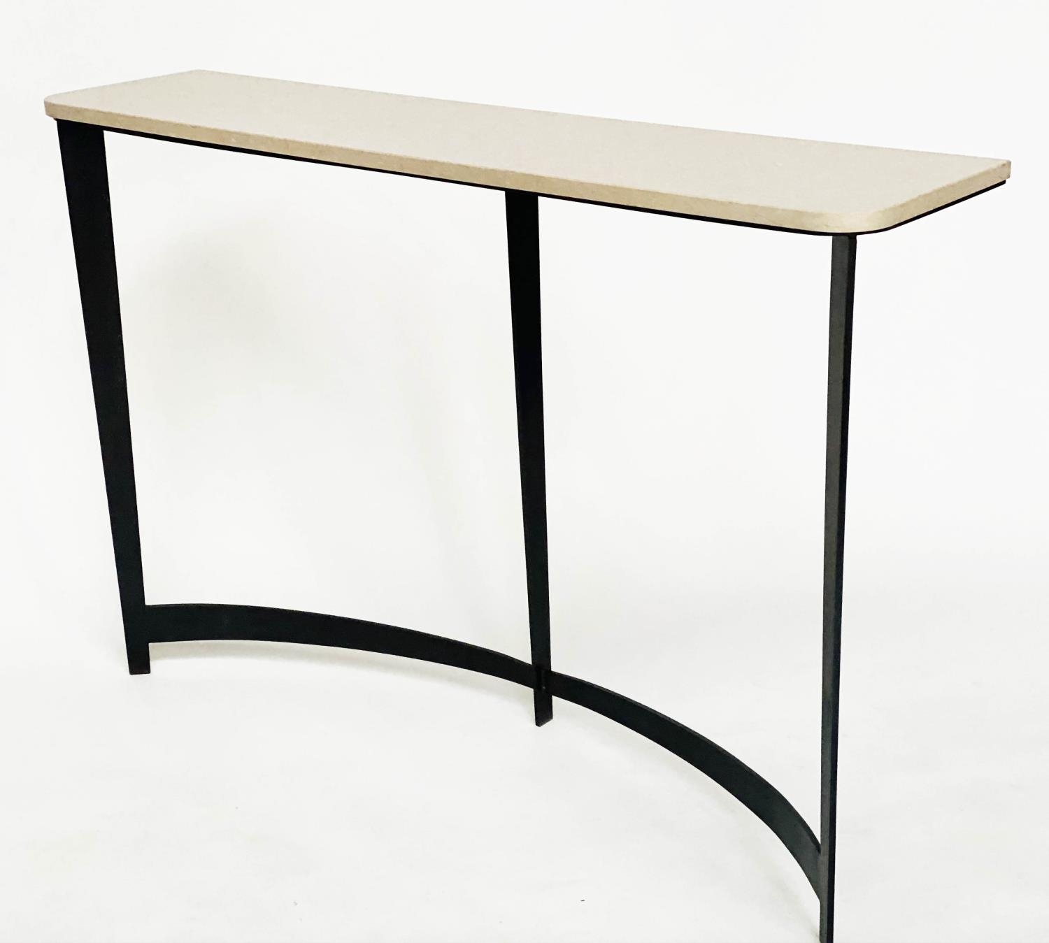 TOM FAULKNER CONSOLE TABLE, rounded rectangular travertine marble and wrought iron support, 127cm - Image 6 of 6