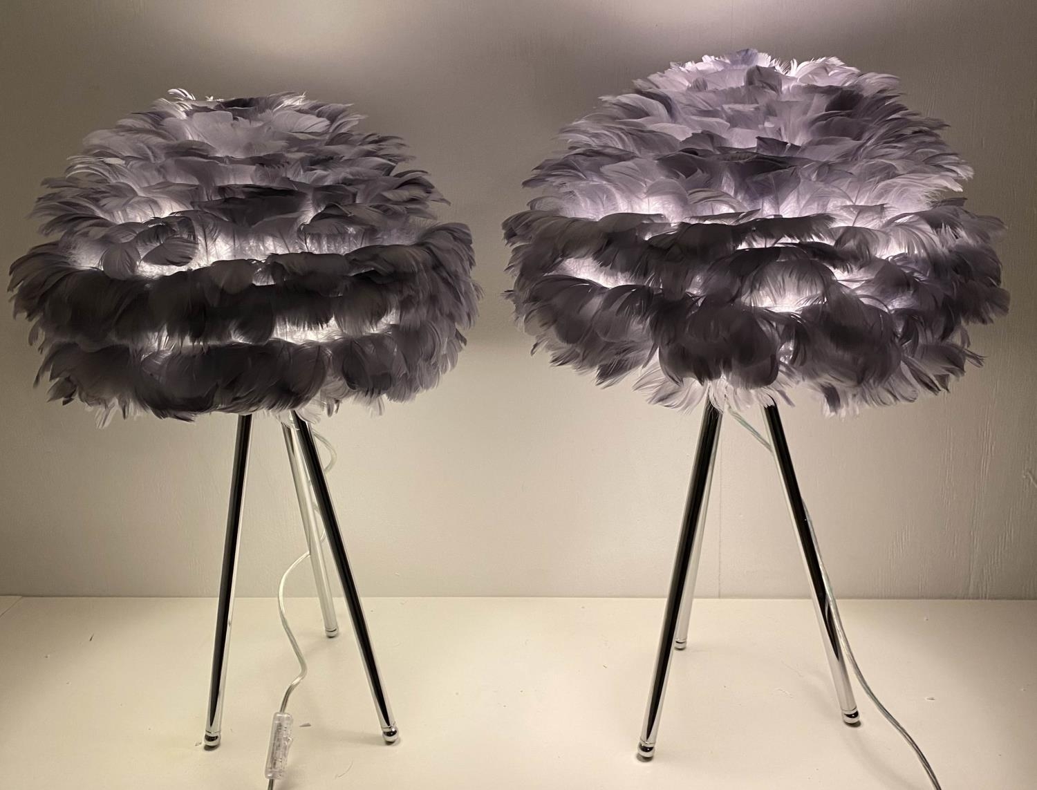 FEATHER CLOUD TABLE LAMPS, a pair, polished metal bases, 60cm x 40cm x 40cm.